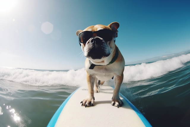 紫外線対策をしたあとで海遊びをする犬
