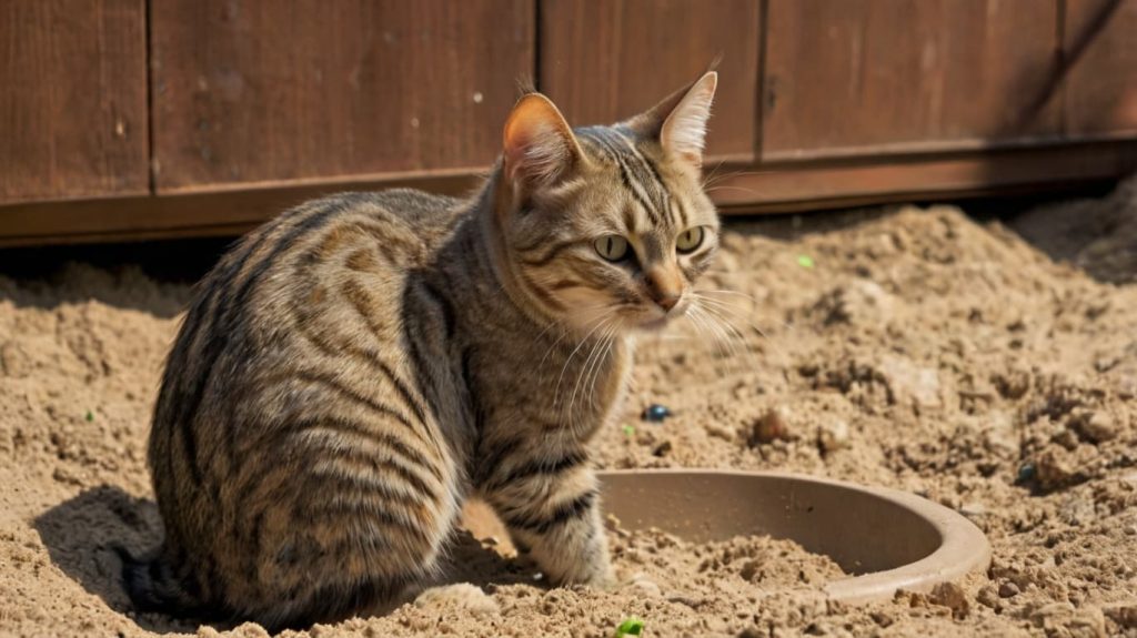 猫がトイレ砂に興味を示している様子