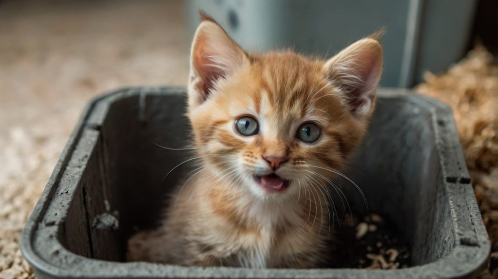 子猫がトイレ砂で遊んでいる